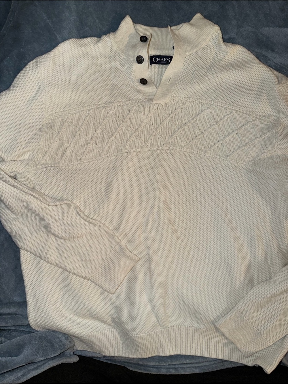 Chaps Men's Cream Knit Zip-Style Pullover with Button Collar